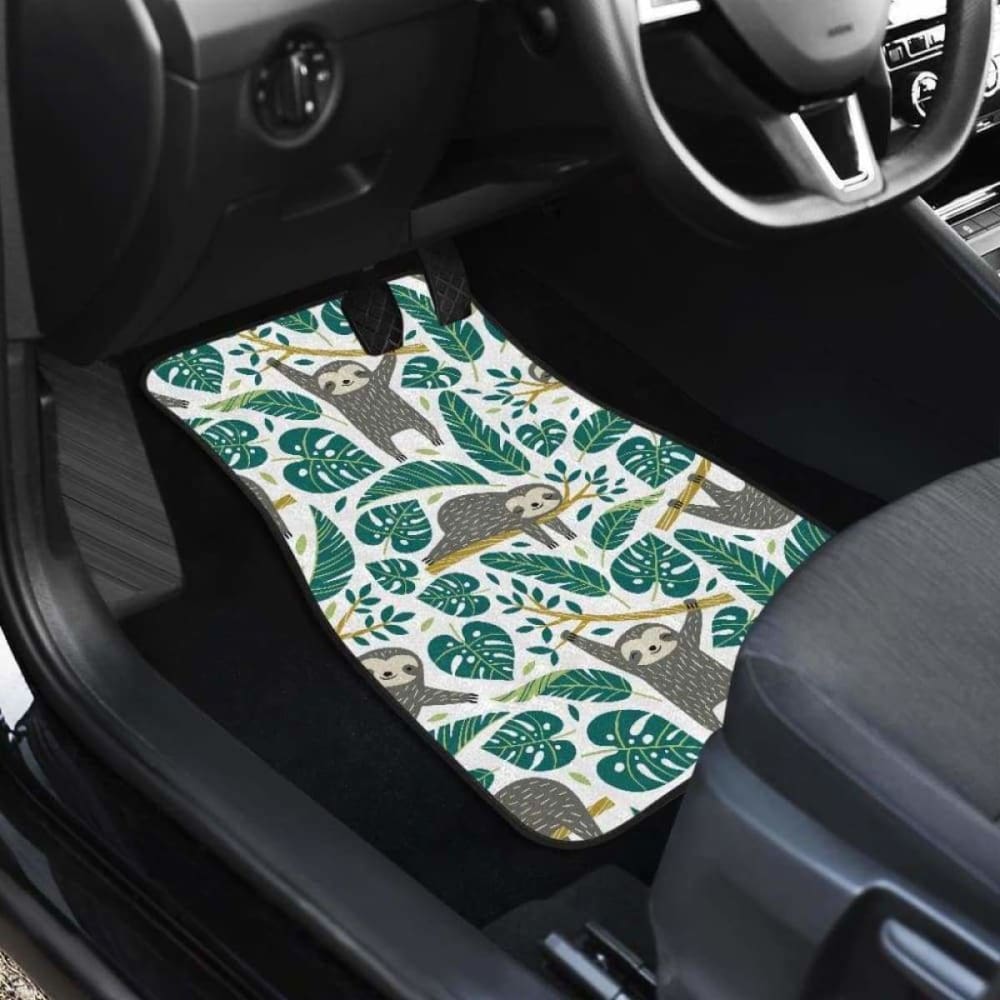 Cute Sloths Tropical Palm Leaves White Background Front And Back Car Mats 144902