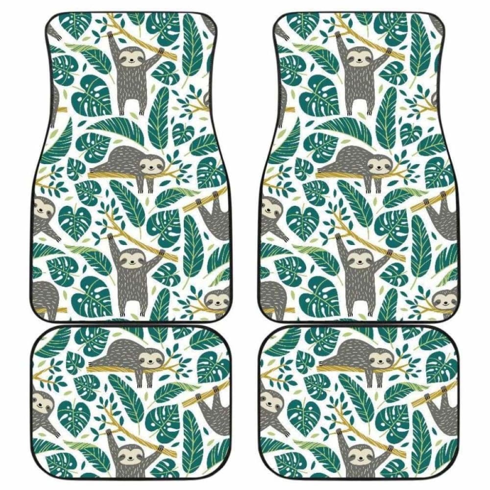 Cute Sloths Tropical Palm Leaves White Background Front And Back Car Mats 144902