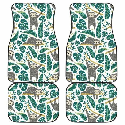 Cute Sloths Tropical Palm Leaves White Background Front And Back Car Mats 144902