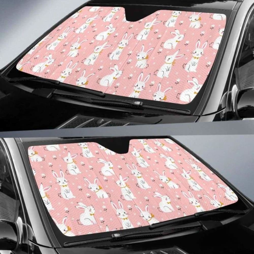 Cute White Rabbit Flower Pink Background Car Auto Sun Shades 085424 - YourCarButBetter
