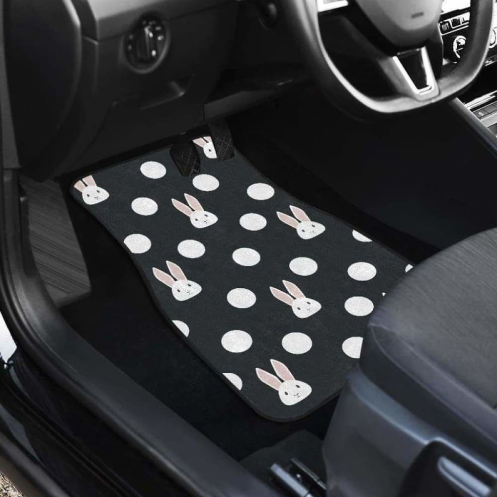 Cute White Rabbit Polka Dots Black Background Front And Back Car Mats 143731