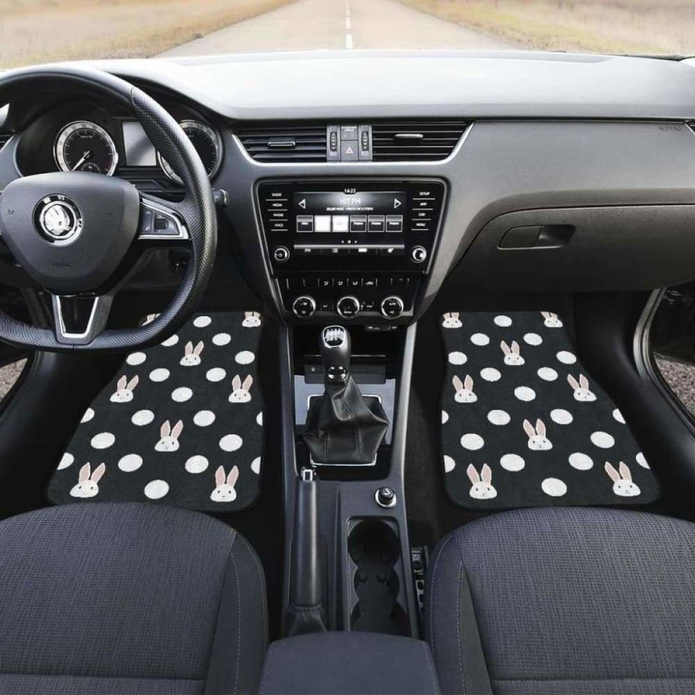 Cute White Rabbit Polka Dots Black Background Front And Back Car Mats 143731