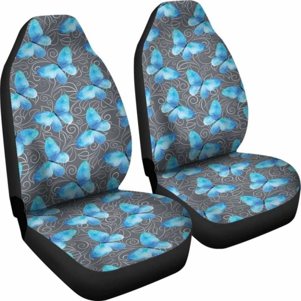 Dark Gray White Leaves Background With Blue Butterfly Car Seat Covers 174914 - YourCarButBetter