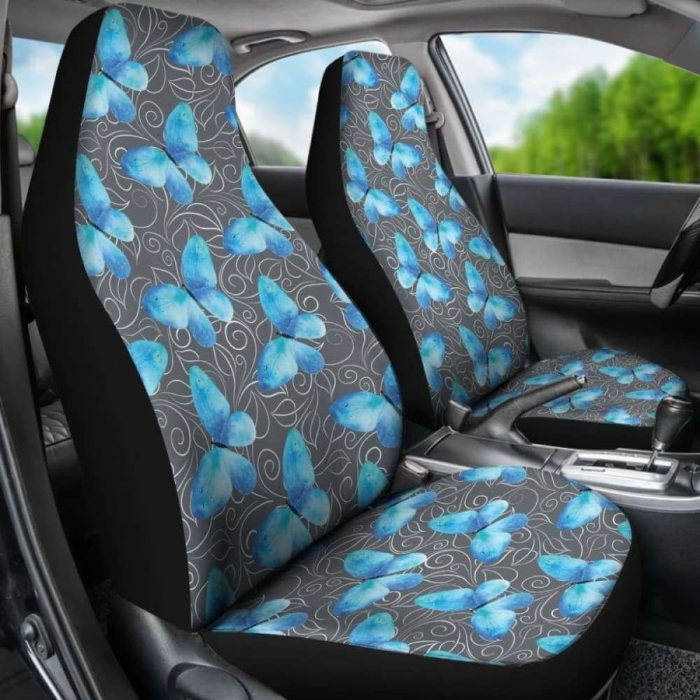 Dark Gray White Leaves Background With Blue Butterfly Car Seat Covers 174914 - YourCarButBetter