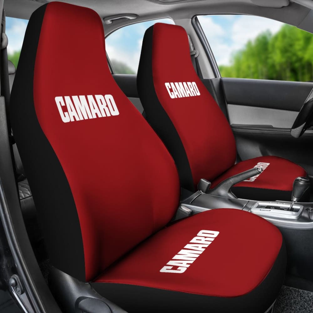 Dark Red Camaro White Letter Car Seat Covers 211004 - YourCarButBetter