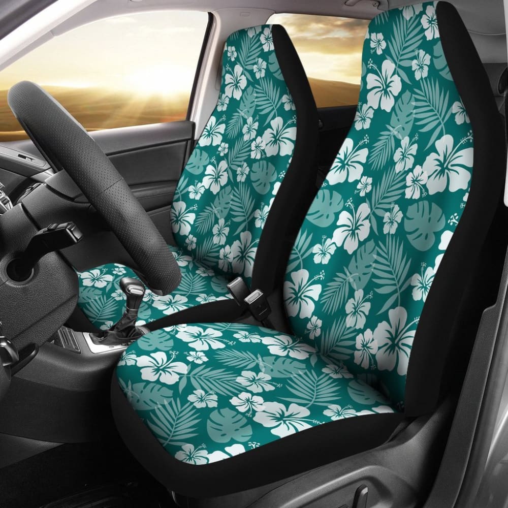 Dark Teal And White Hibiscus Flower Car Seat Covers Hawaiian Pattern 101819 - YourCarButBetter