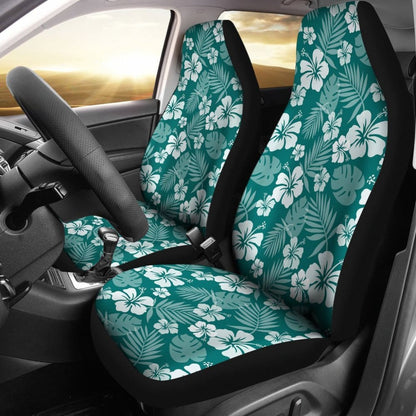 Dark Teal And White Hibiscus Flower Car Seat Covers Hawaiian Pattern 101819 - YourCarButBetter