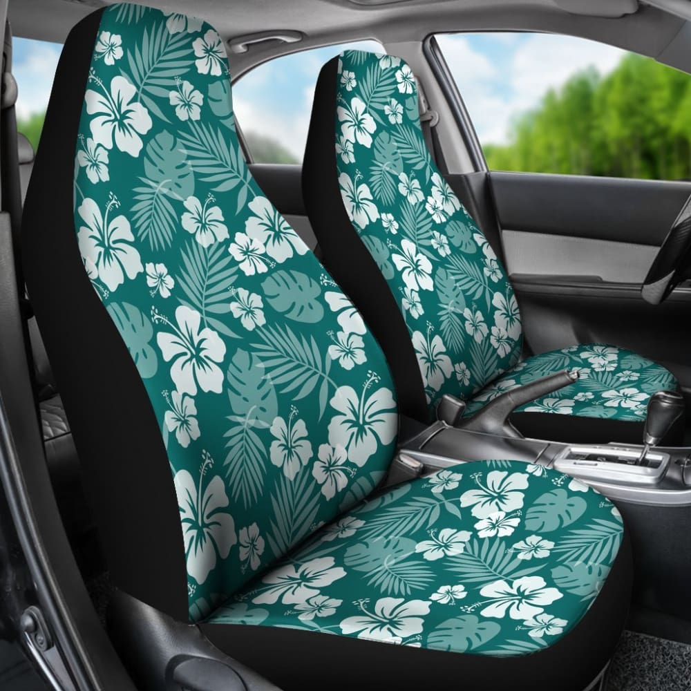 Dark Teal And White Hibiscus Flower Car Seat Covers Hawaiian Pattern 101819 - YourCarButBetter