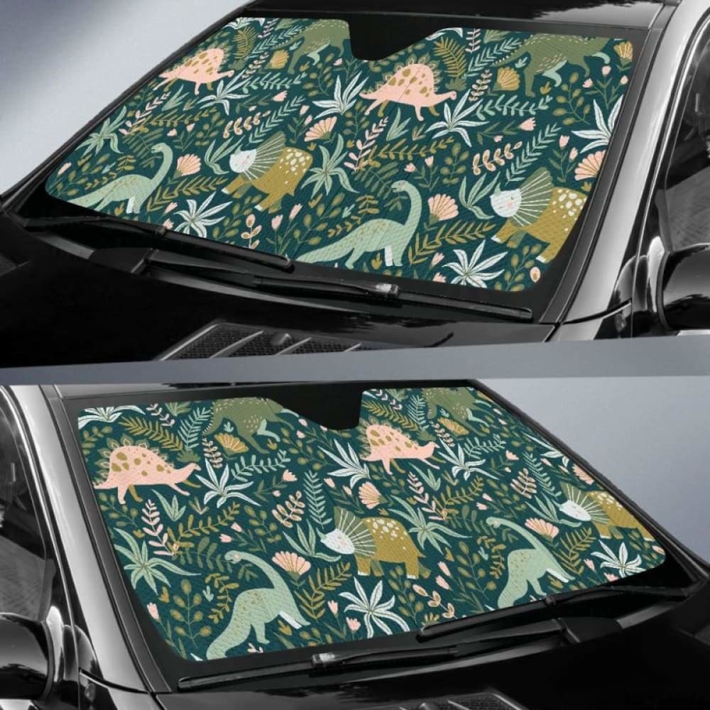Dinosaurs Tropical Leaves Flower Pattern Car Auto Sun Shades 182102 - YourCarButBetter