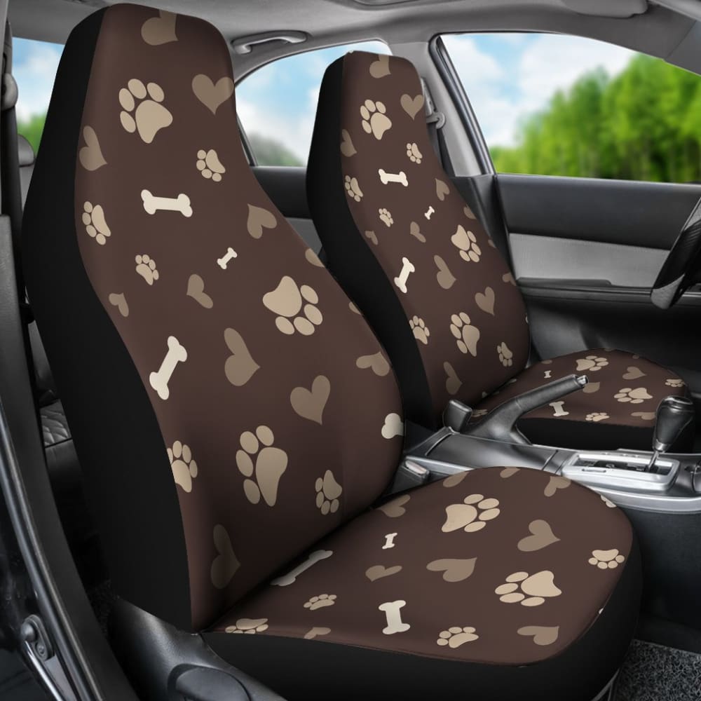 Dog Love In Brown With Dog Paws Bones And Hearts Pattern Car Seat Covers 101819 - YourCarButBetter