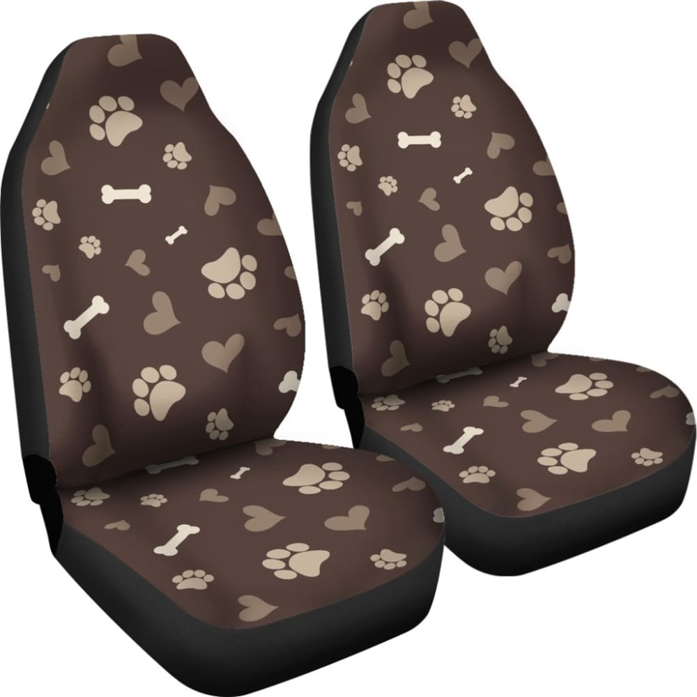 Dog Love In Brown With Dog Paws Bones And Hearts Pattern Car Seat Covers 101819 - YourCarButBetter