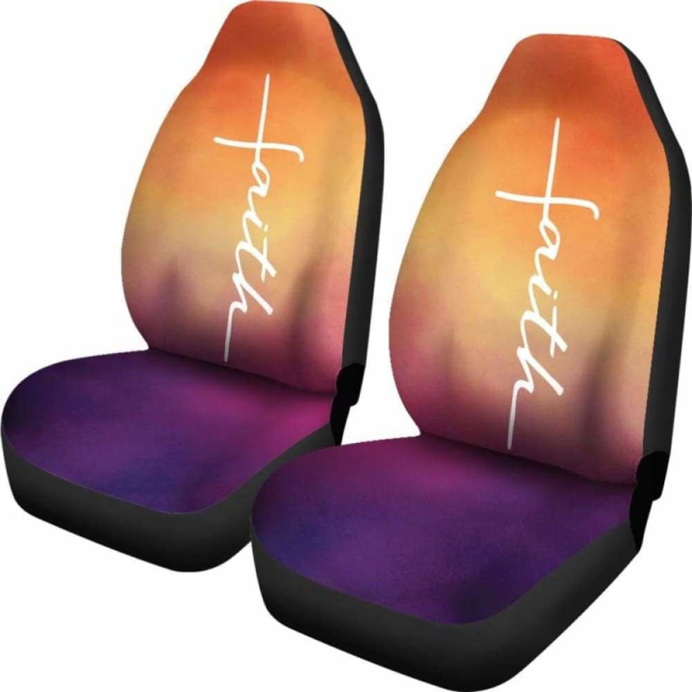 Faith Word Cross In White On Orange And Purple Ombre Car Seat Covers Religious Christian Themed 160905