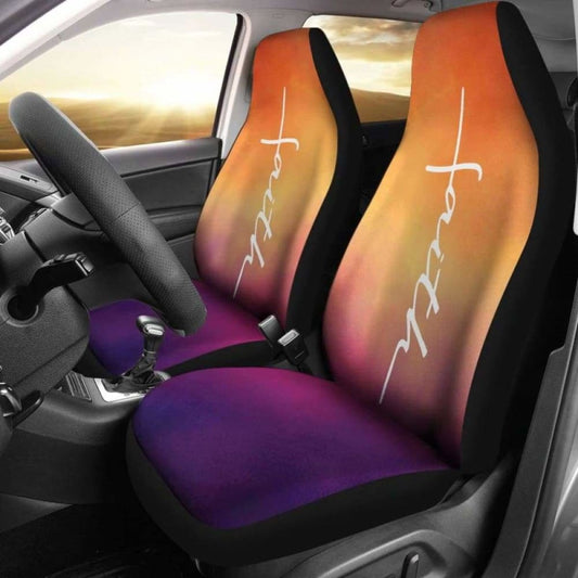 Faith Word Cross In White On Orange And Purple Ombre Car Seat Covers Religious Christian Themed 160905