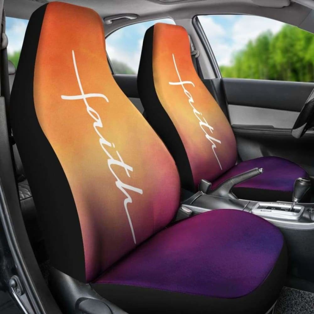 Faith Word Cross In White On Orange And Purple Ombre Car Seat Covers Religious Christian Themed 160905