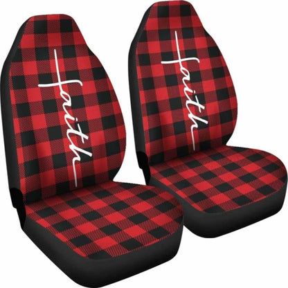 Faith Word Cross In White On Red Buffalo Plaid Car Seat Covers Religious Christian Themed 160905