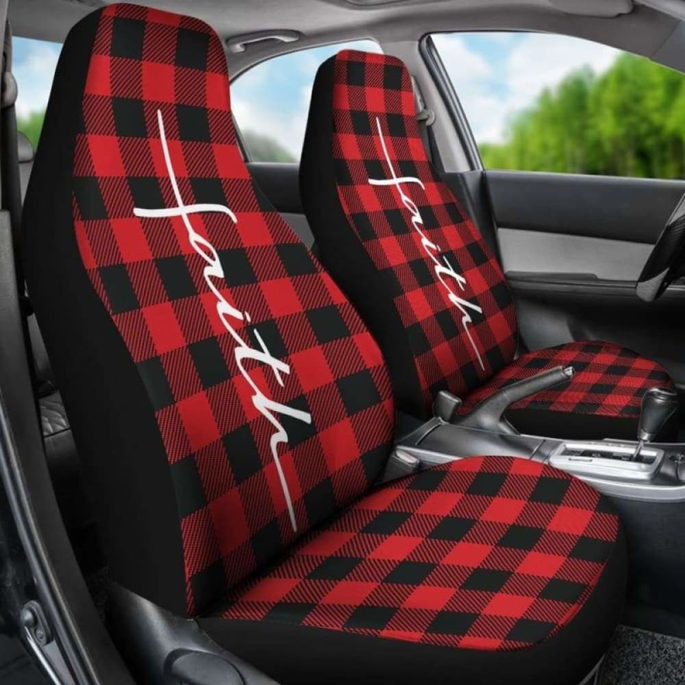 Faith Word Cross In White On Red Buffalo Plaid Car Seat Covers Religious Christian Themed 160905