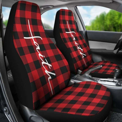 Faith Word Cross In White On Red Buffalo Plaid Car Seat Covers Religious Christian Themed 160905