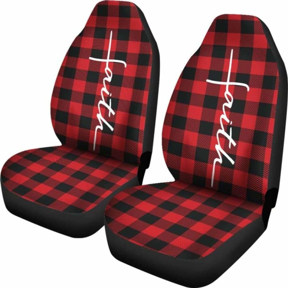 Faith Word Cross In White On Red Buffalo Plaid Car Seat Covers Religious Christian Themed 160905