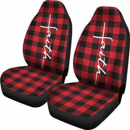 Faith Word Cross In White On Red Buffalo Plaid Car Seat Covers Religious Christian Themed 160905