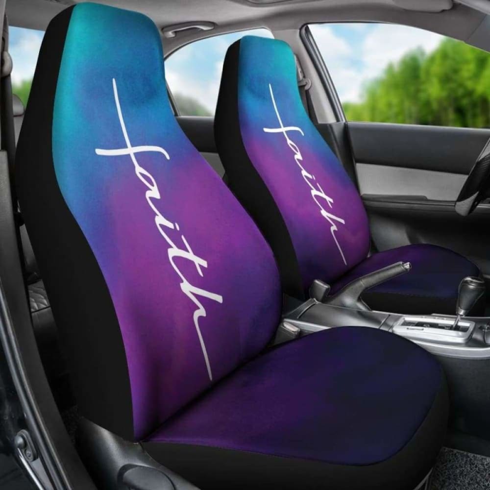 Faith Word Cross In White On Teal Blue Purple And Black Ombre Car Seat Covers Religious Christian Themed 160905