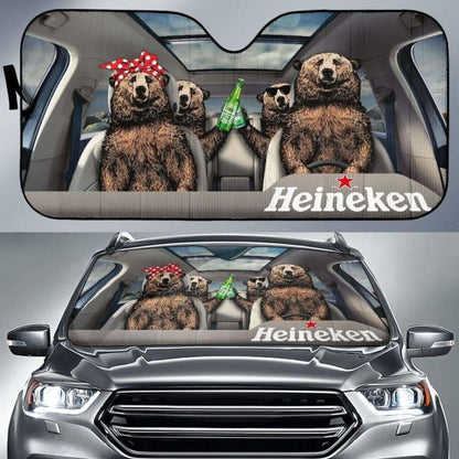 Family Bear Drink Beer Heineken Car Sun Shade Funny 102507 - YourCarButBetter