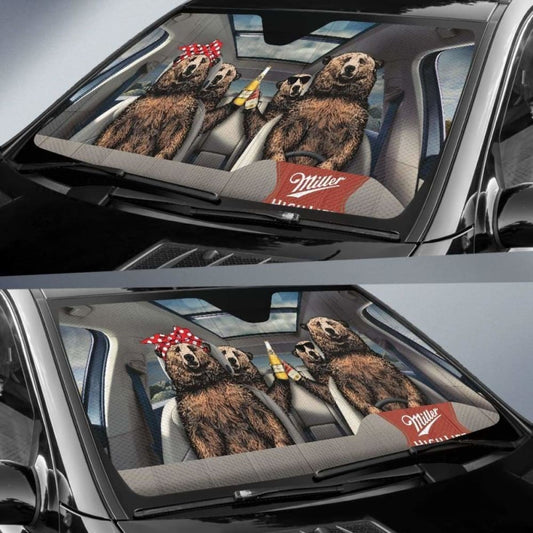Family Bear Drink Beer Miller High Life Car Sun Shade Funny 102507 - YourCarButBetter