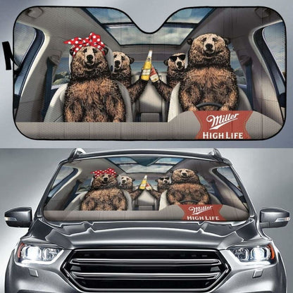 Family Bear Drink Beer Miller High Life Car Sun Shade Funny 102507 - YourCarButBetter
