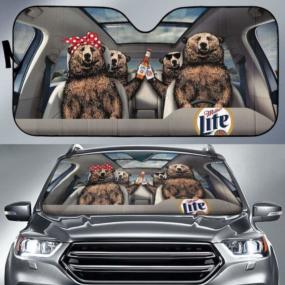 Family Bear Drink Beer Miller Lite Car Sun Shade Funny 102507 - YourCarButBetter
