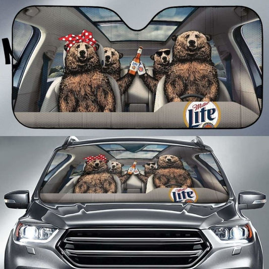 Family Bear Drink Beer Miller Lite Car Sun Shade Funny 102507 - YourCarButBetter