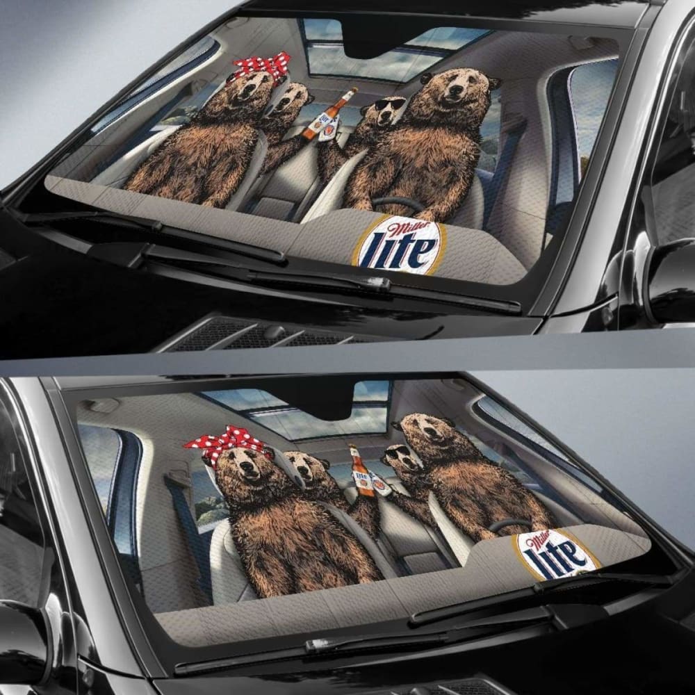 Family Bear Drink Beer Miller Lite Car Sun Shade Funny 102507 - YourCarButBetter