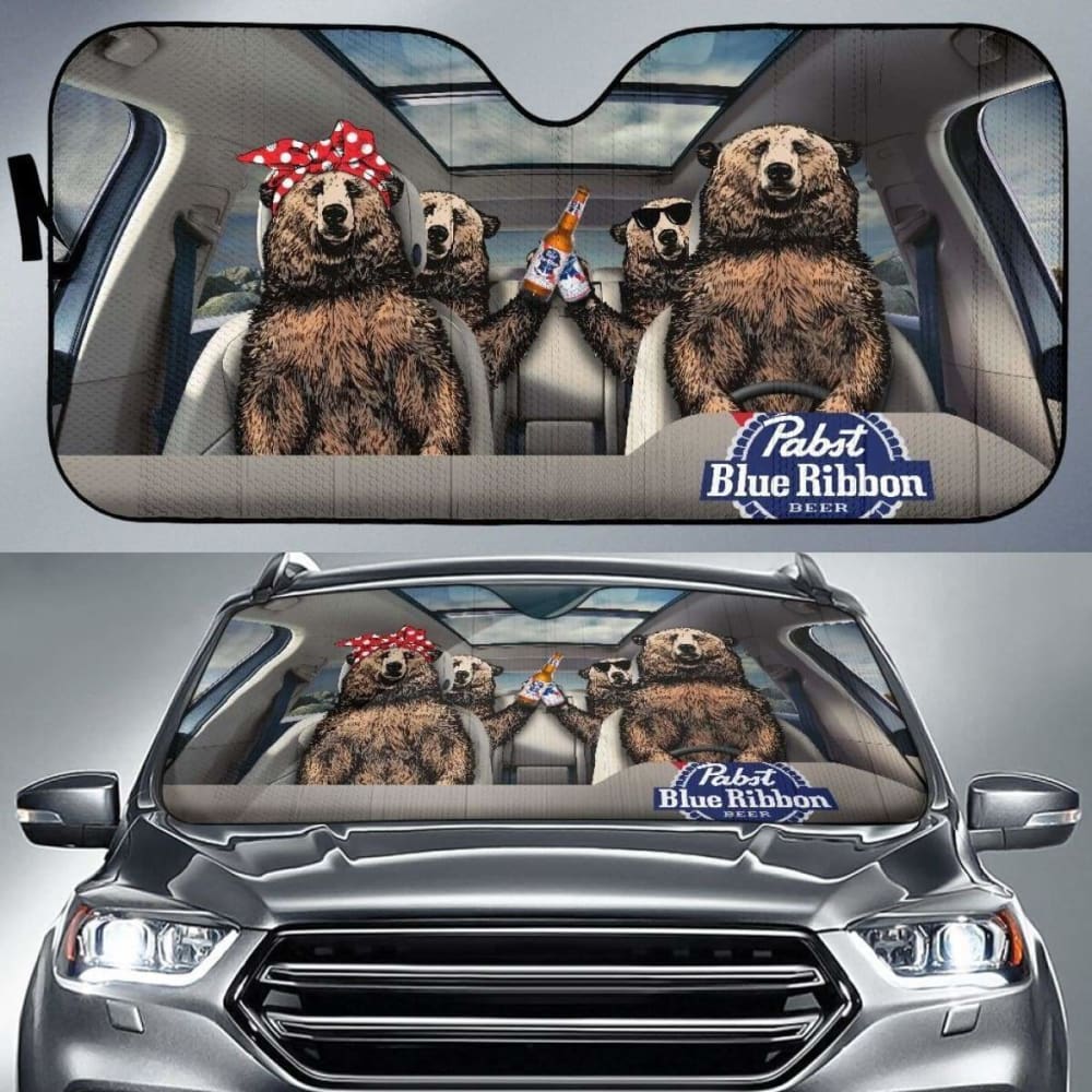 Family Bear Drink Beer Pabst Blue Ribbon Car Sun Shade Funny 102507 - YourCarButBetter