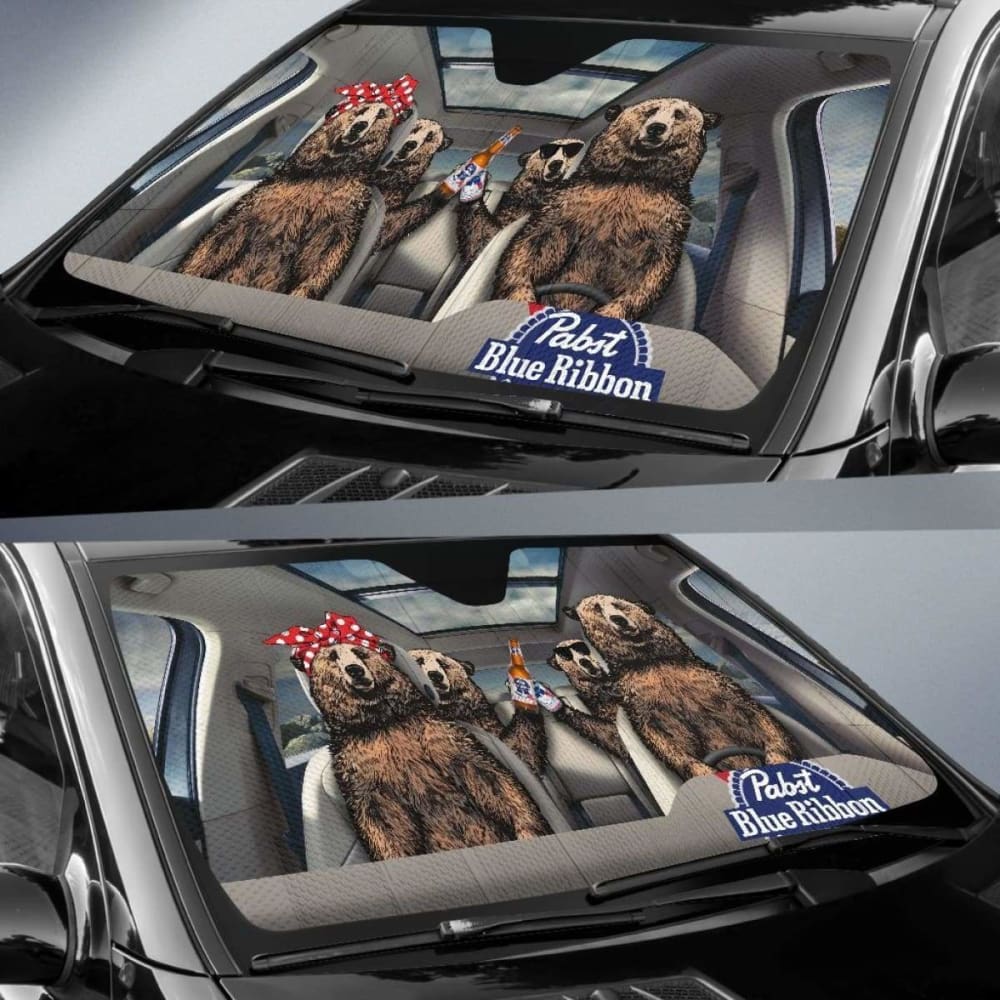 Family Bear Drink Beer Pabst Blue Ribbon Car Sun Shade Funny 102507 - YourCarButBetter