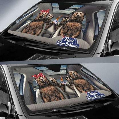 Family Bear Drink Beer Pabst Blue Ribbon Car Sun Shade Funny 102507 - YourCarButBetter