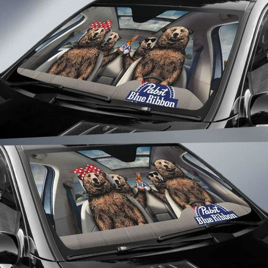 Family Bear Drink Beer Pabst Blue Ribbon Car Sun Shade Funny 102507 - YourCarButBetter