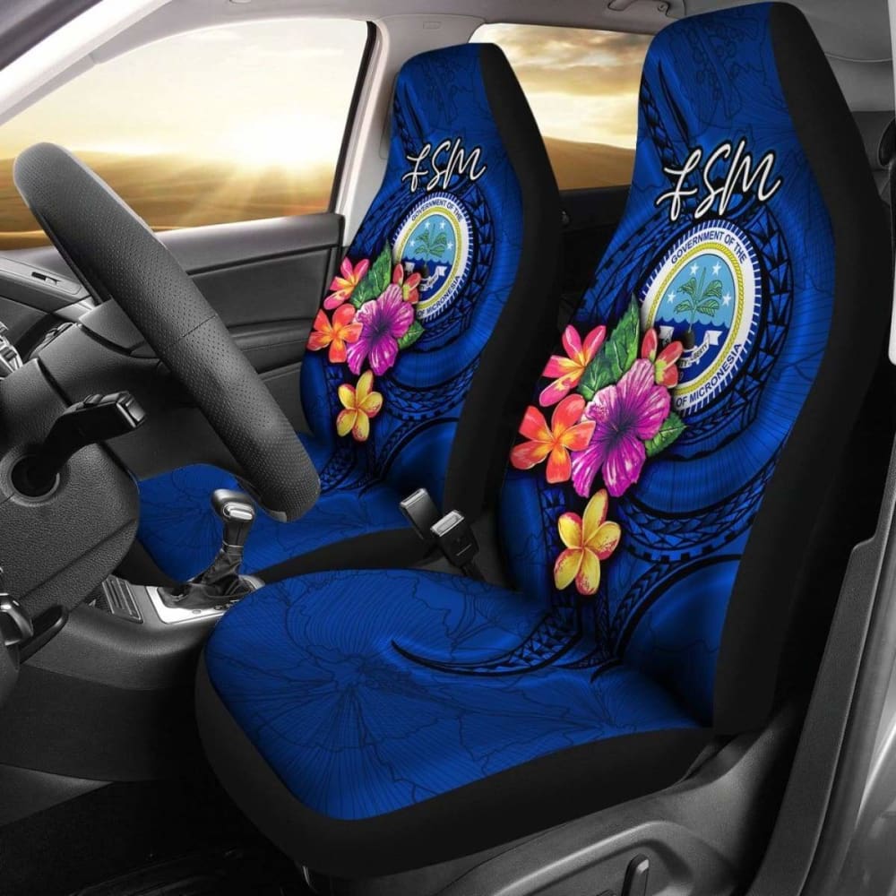 Federated States Of Micronesia Car Seat Covers - Floral With Seal Blue - 12 153908 - YourCarButBetter
