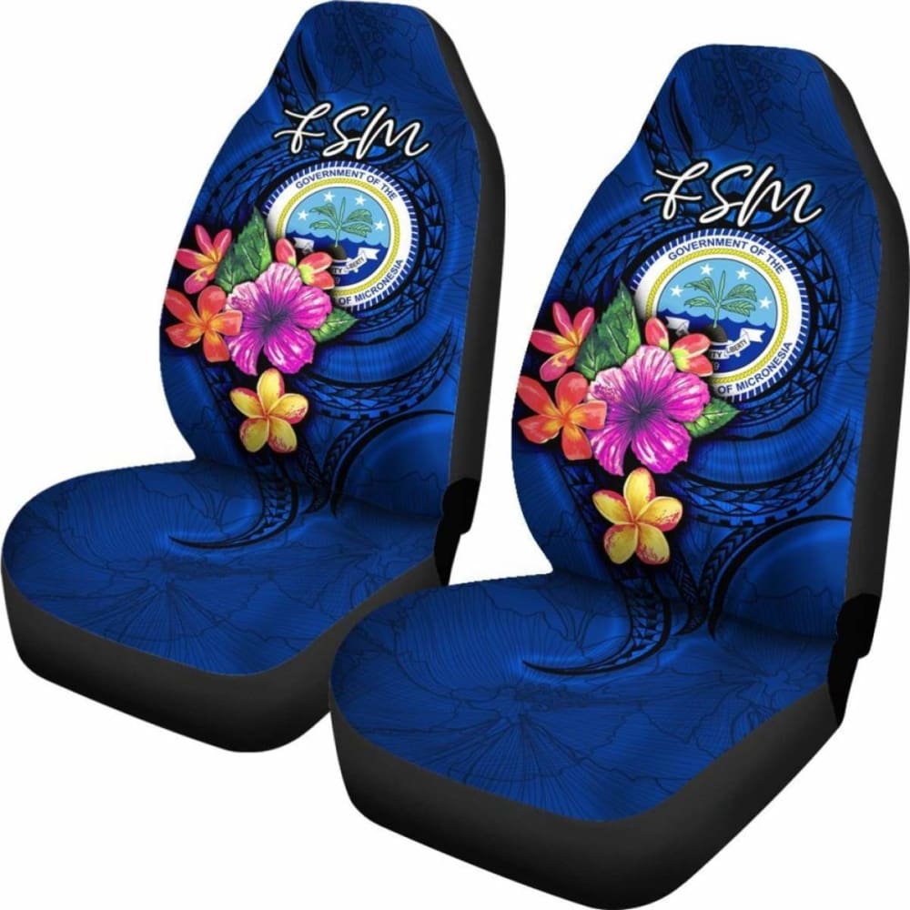 Federated States Of Micronesia Car Seat Covers - Floral With Seal Blue - 12 153908 - YourCarButBetter