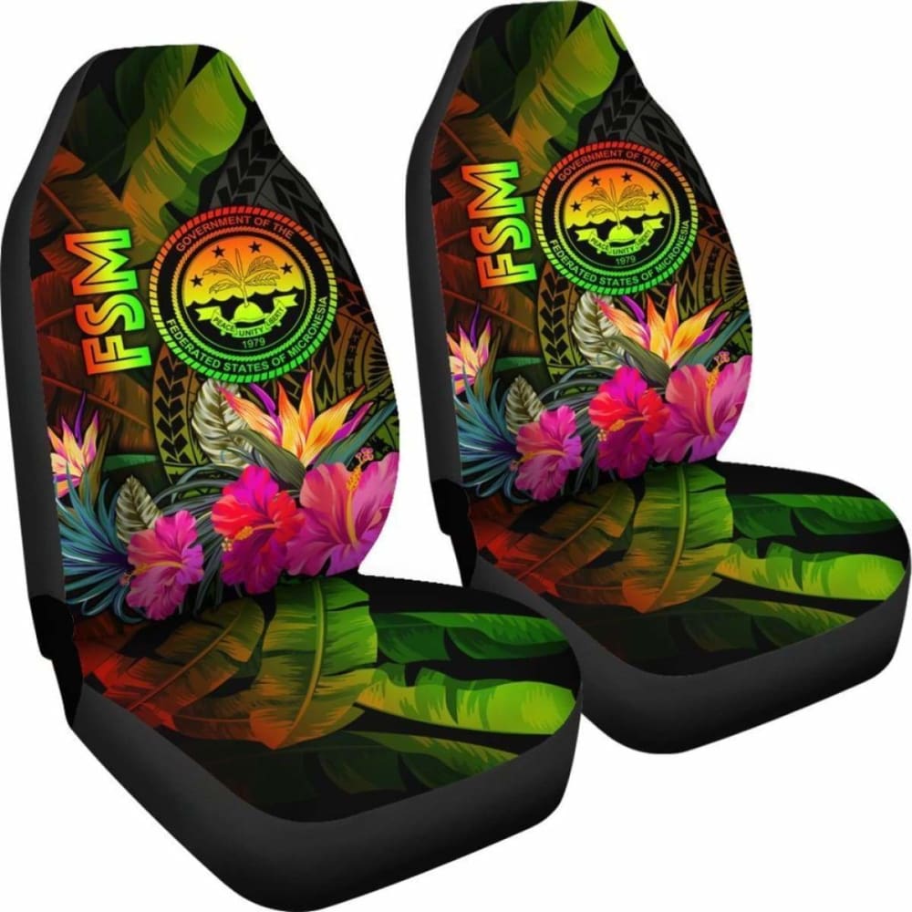 Federated States Of Micronesia Polynesian Car Seat Covers - Hibiscus And Banana Leaves - 232125 - YourCarButBetter