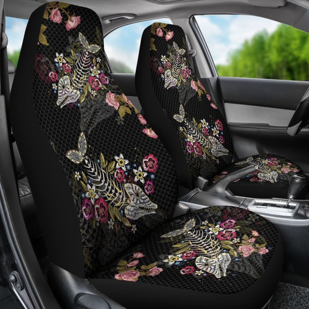 Fish Bones Pink Floral Pattern Fishing Car Seat Covers 182417 - YourCarButBetter