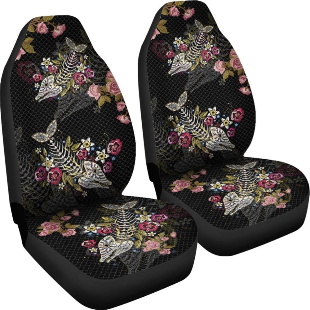 Fish Bones Pink Floral Pattern Fishing Car Seat Covers 182417 - YourCarButBetter