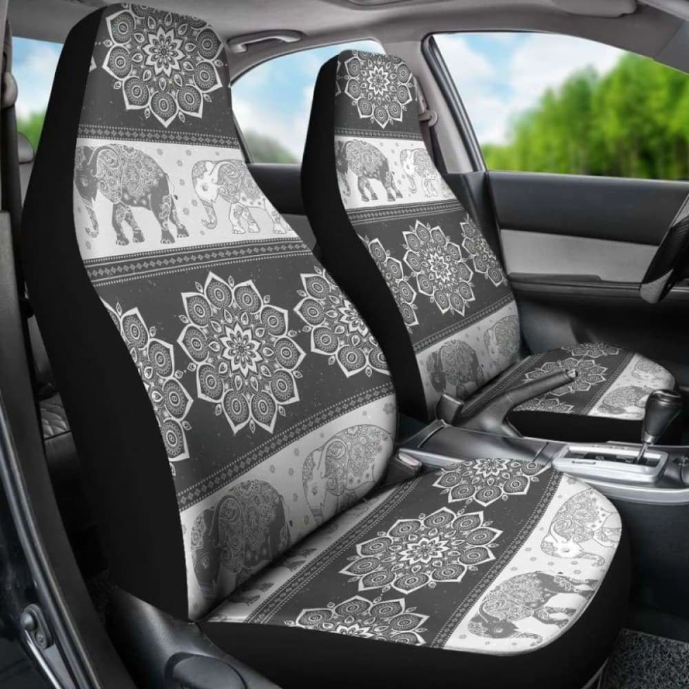 Flower Mandala Elephant Grey Car Seat Covers 202820 - YourCarButBetter