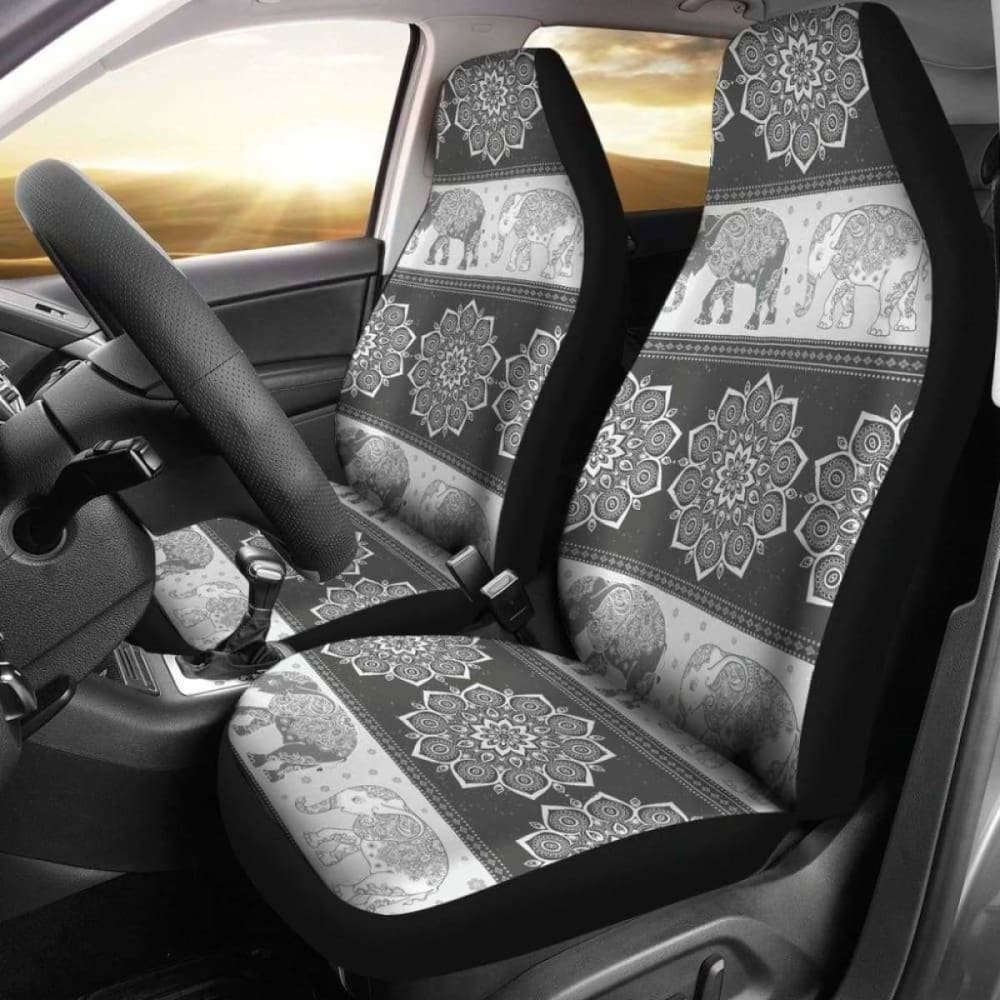 Flower Mandala Elephant Grey Car Seat Covers 202820 - YourCarButBetter