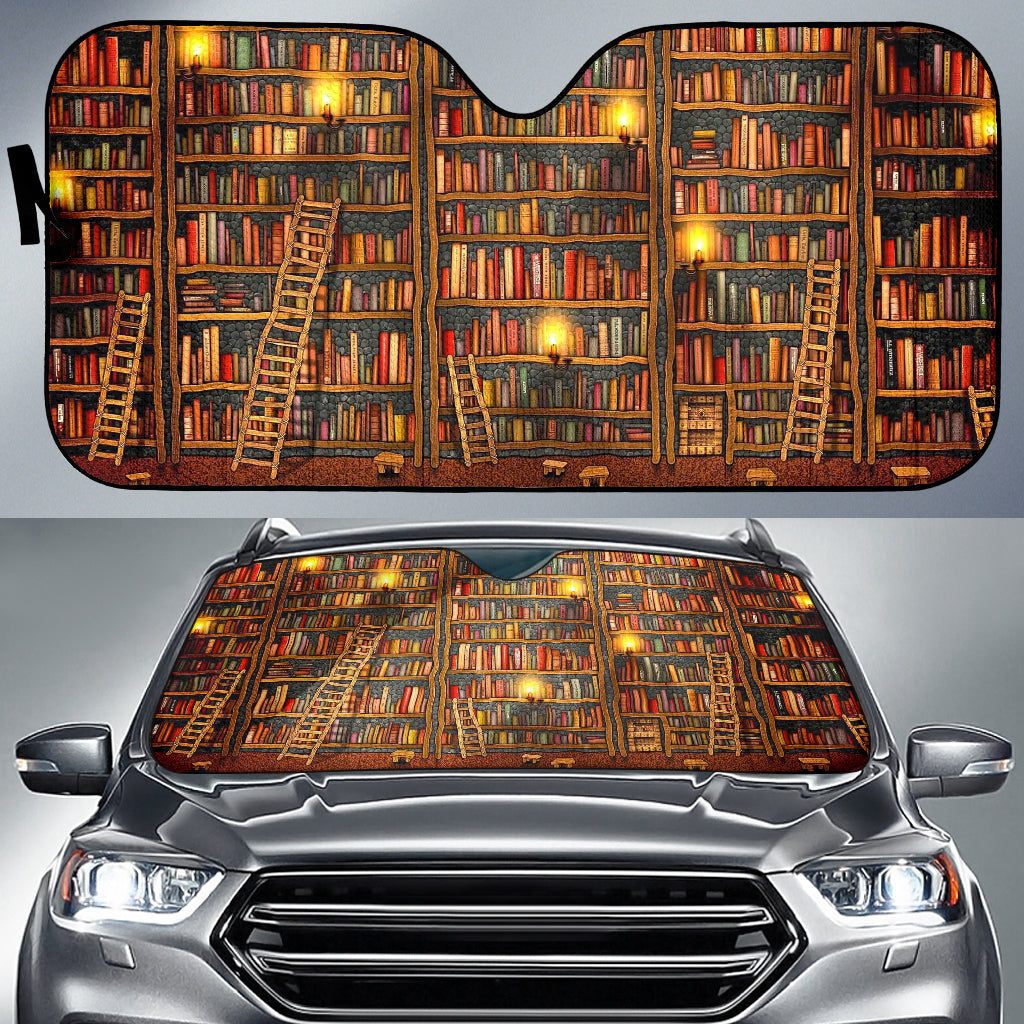 Endless Bookshelves Inside Warm Enchanted Library Car Auto Sun Shades 211502