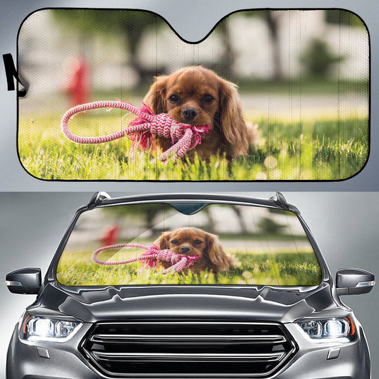 Cute Puppy Chewing Rope Garden Scene Car Auto Sun Shades 211502