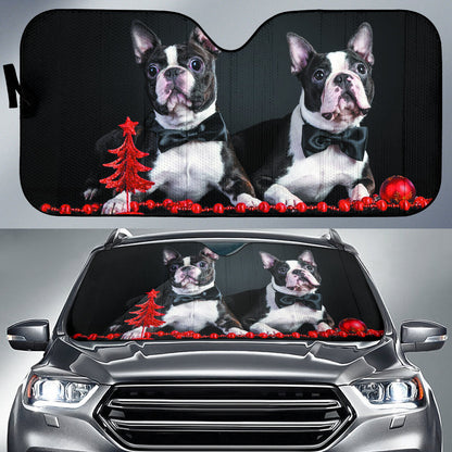 Holiday Boston Terrier Duo Surrounded by Red Ornaments Car Auto Sun Shades 211502