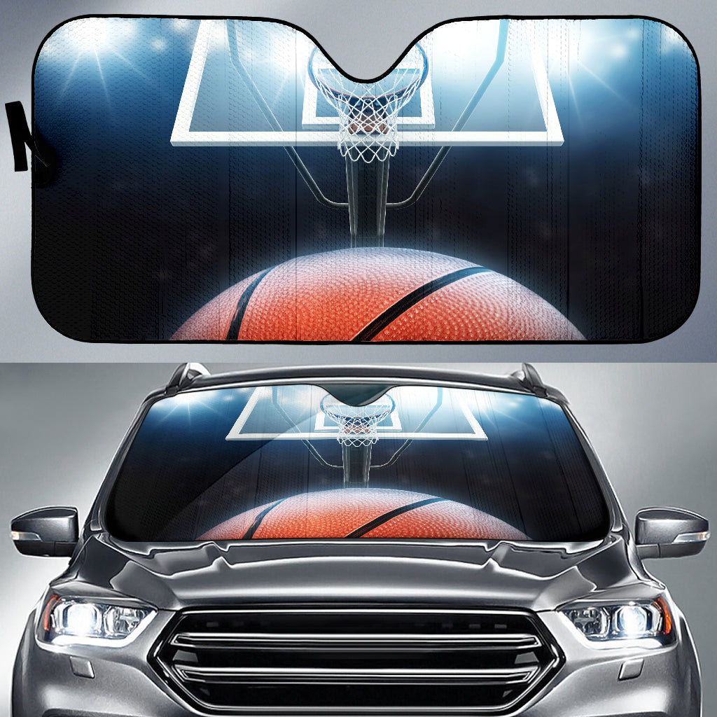 Basketball Swishing Toward Hoop Under Stadium Lights Car Auto Sun Shades 211402