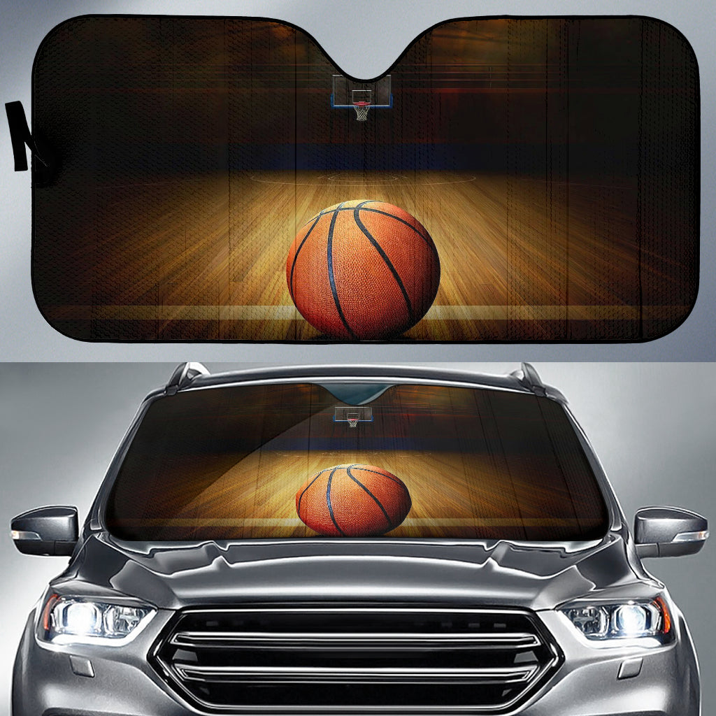 Lone Basketball Resting on Dramatic Wooden Court Car Auto Sun Shades 211402