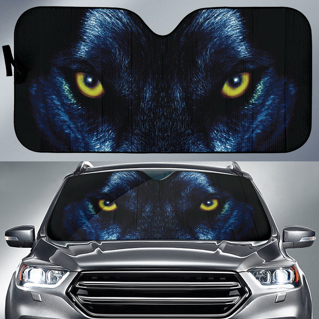Blue Wolf Eyes Staring from Shadowed Fur Car Auto Sun Shades 211502