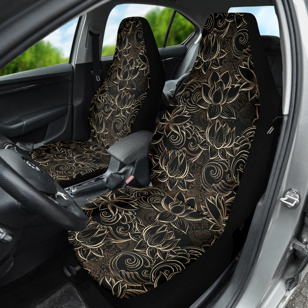 Luxurious Gold Lotus Waterlily Black Background Car Seat Covers 211201