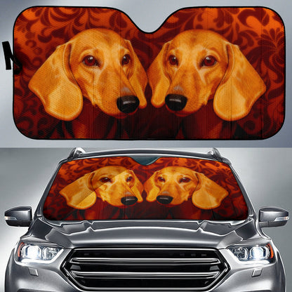 Twin Dachshunds Portrait Against Ornate Orange Background Car Auto Sun Shades 211402