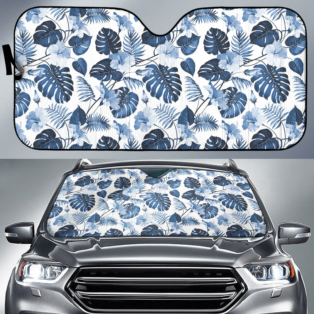 White And Blue Hibiscus Tropical Hawaiian Flower Pattern Car Auto Sun Shades 212501
